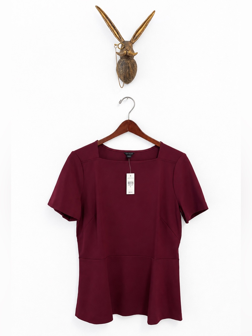 Ann Taylor Top Blouse Medium NWT Maroon Peplum Square Neck Wine Red Stretch Work